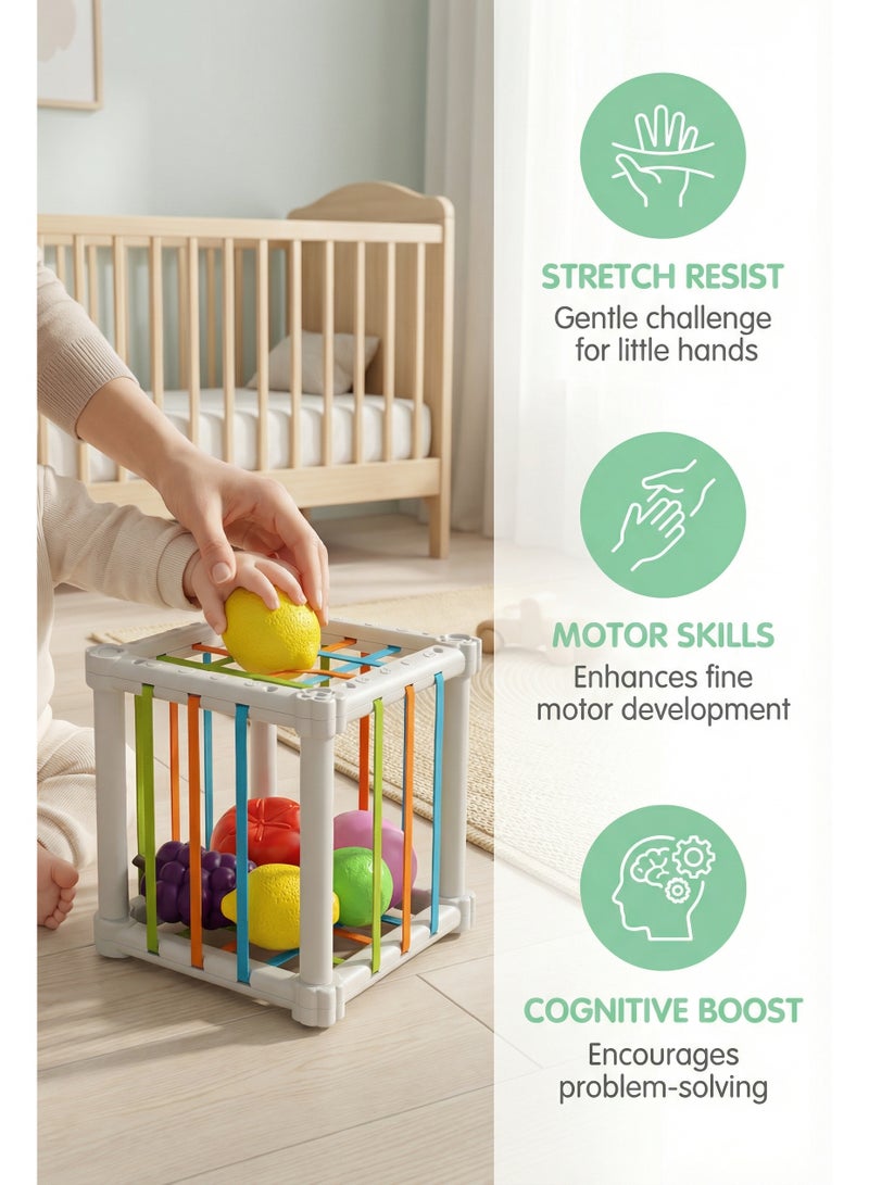 6-18 Months Baby Montessori Sensory Cube Toy, Elastic Band Fruit Pull Out Game, Fine Motor Skill Development Teething Toy for Toddler, 6Pcs Fruit Shape Educational Play Toy - Image 3